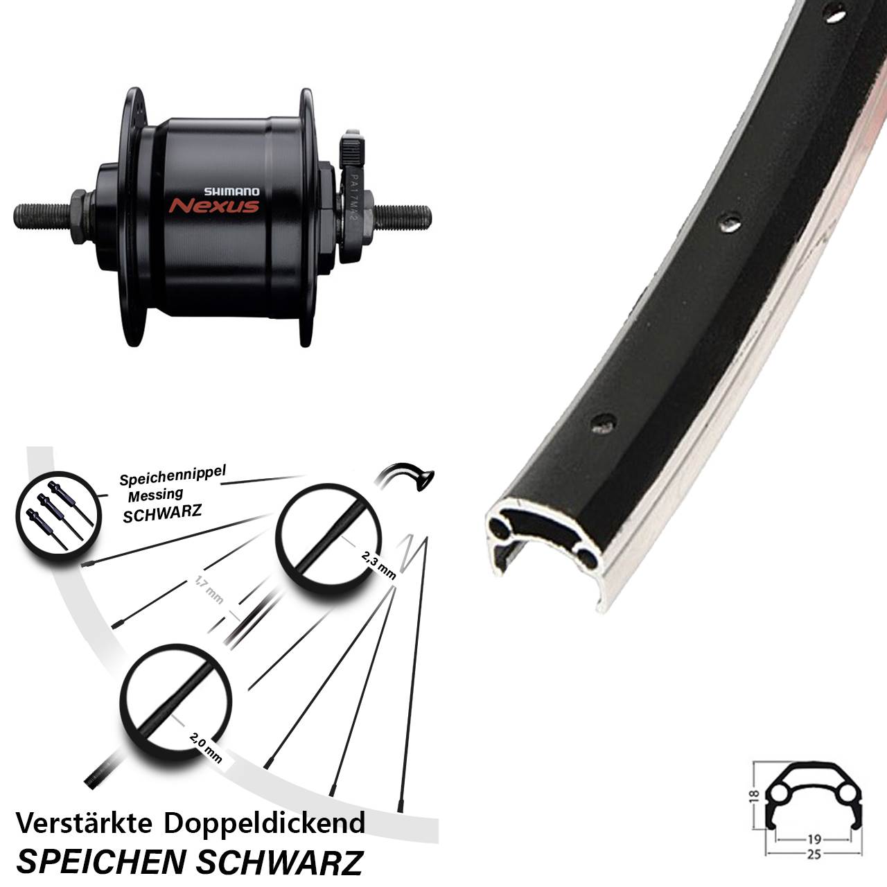 Nabendynamovorderrad Vollachse 20 Zoll Schürmann YAK 19 Shimano Nexus DH-C3000-3N