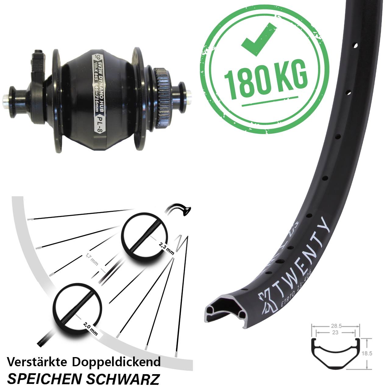 Disc Vorderrad mit Nabendynamo für Schnellspanner 20 Zoll KX Twenty Shutter PL-8