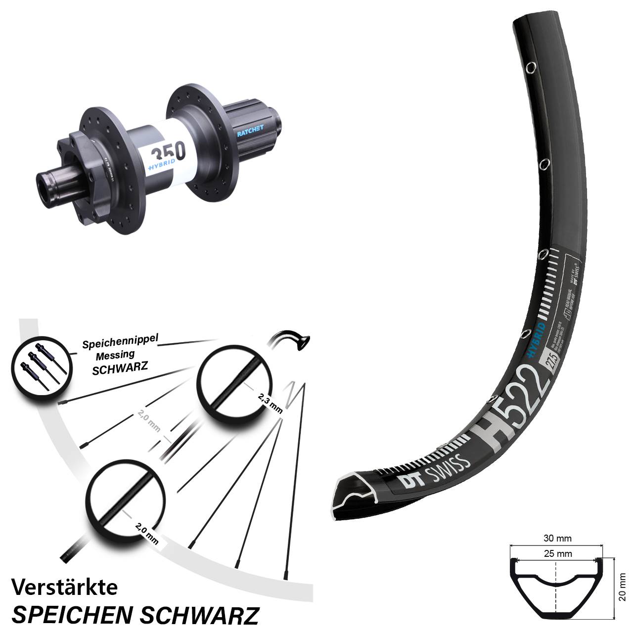 verstärktes 29 Zoll Hinterrad H 522 DT Swiss 350 Hybrid Boost 12x148 mm 11-fach