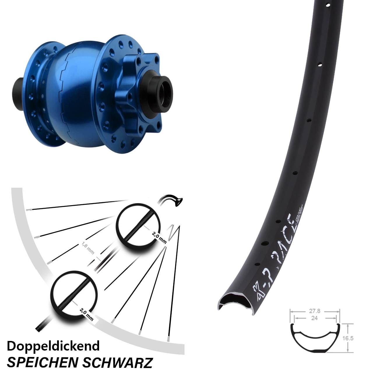 29 Zoll MTB Nabendynamolaufrad KX-R Race SON 28 6-Loch blau eloxiert 15x100