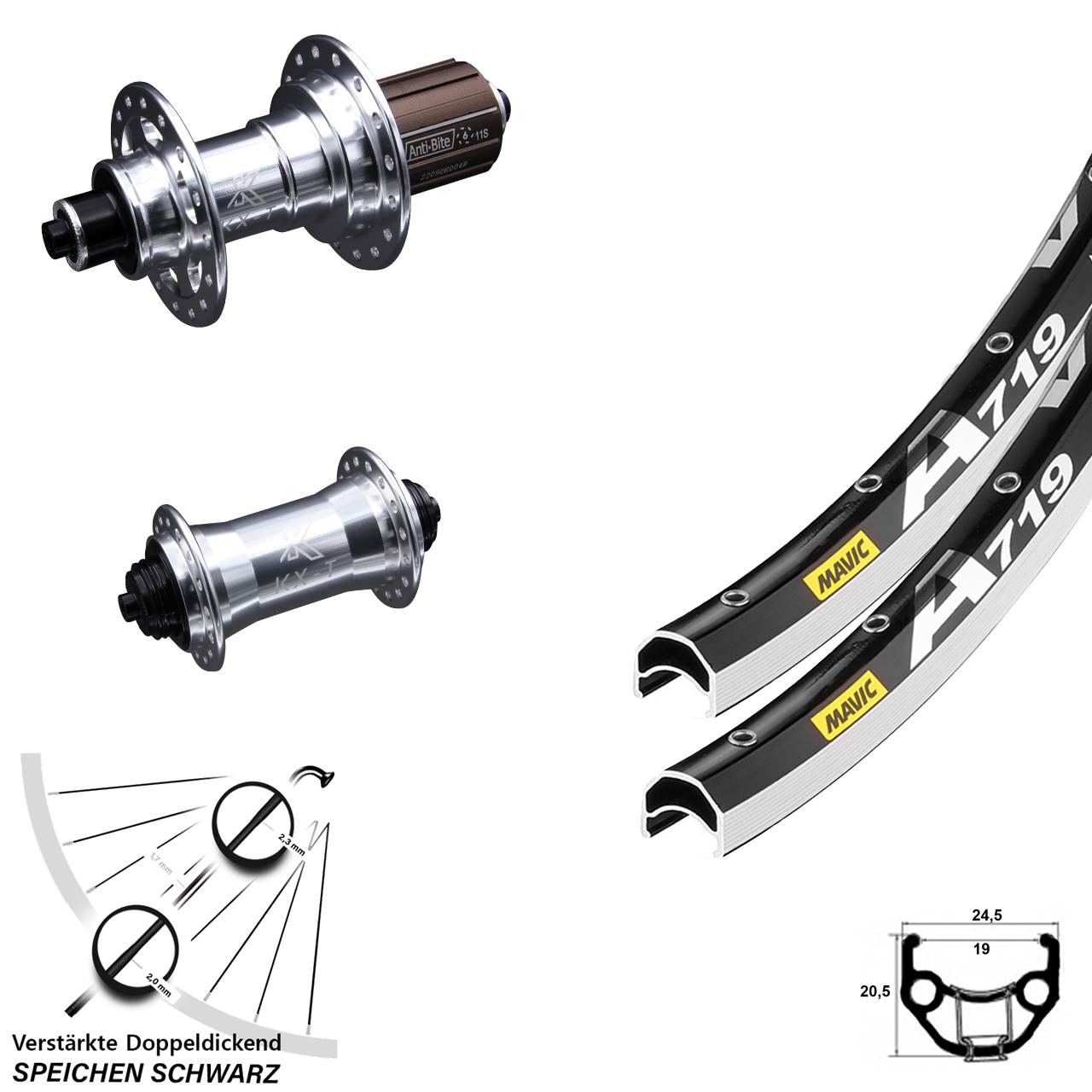 Laufradsatz für Schnellspanner 28 Zoll Mavic A719 KX-T verstärkt 8-12 fach HG