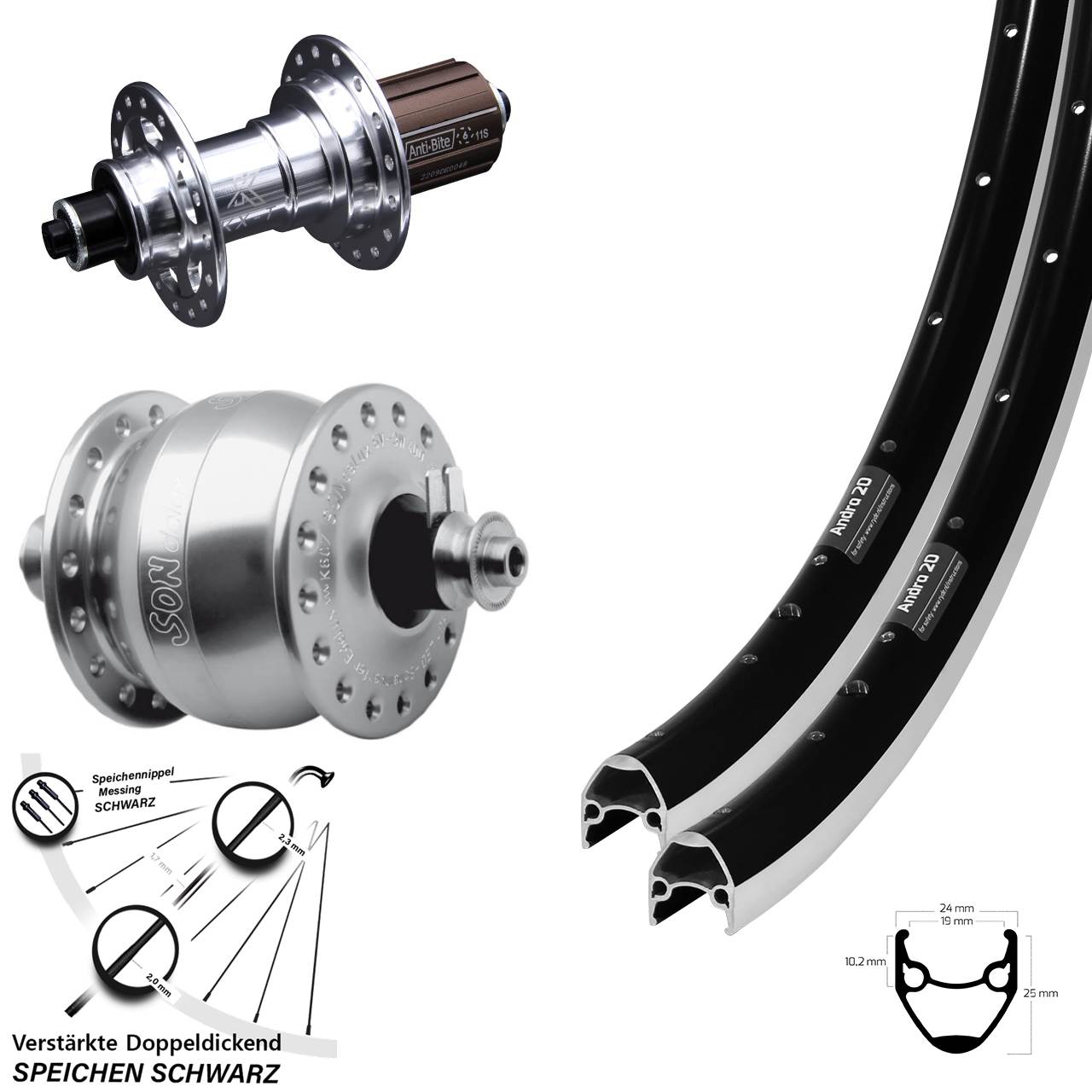 Laufrad-Satz 28 Zoll Ryde Andra 20 KX-T SON delux 8-12 fach für Schnellspanner
