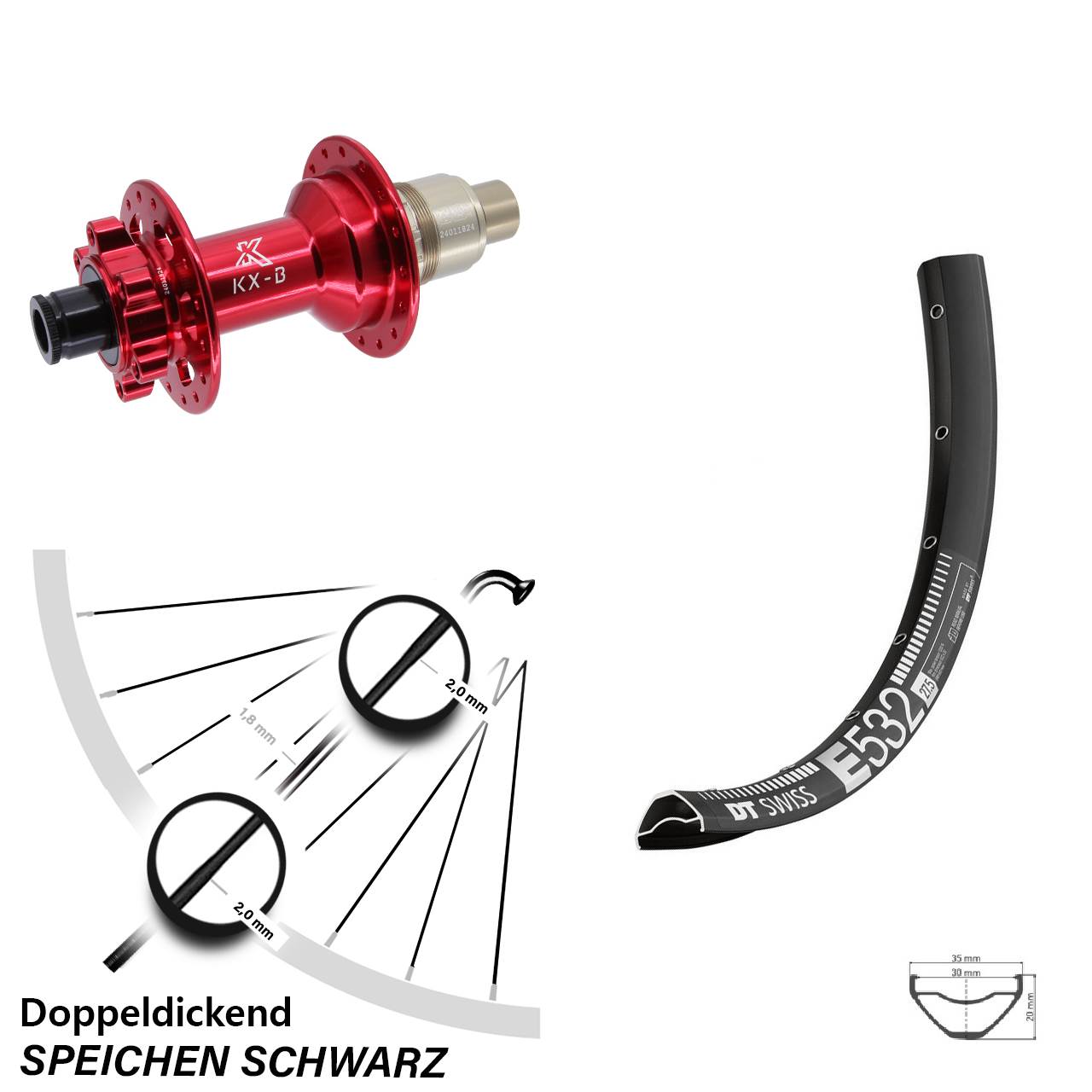 29 Zoll DT Swiss E 532 KX-B rot Disc Hinterrad 12x148 XD 11-12 fach