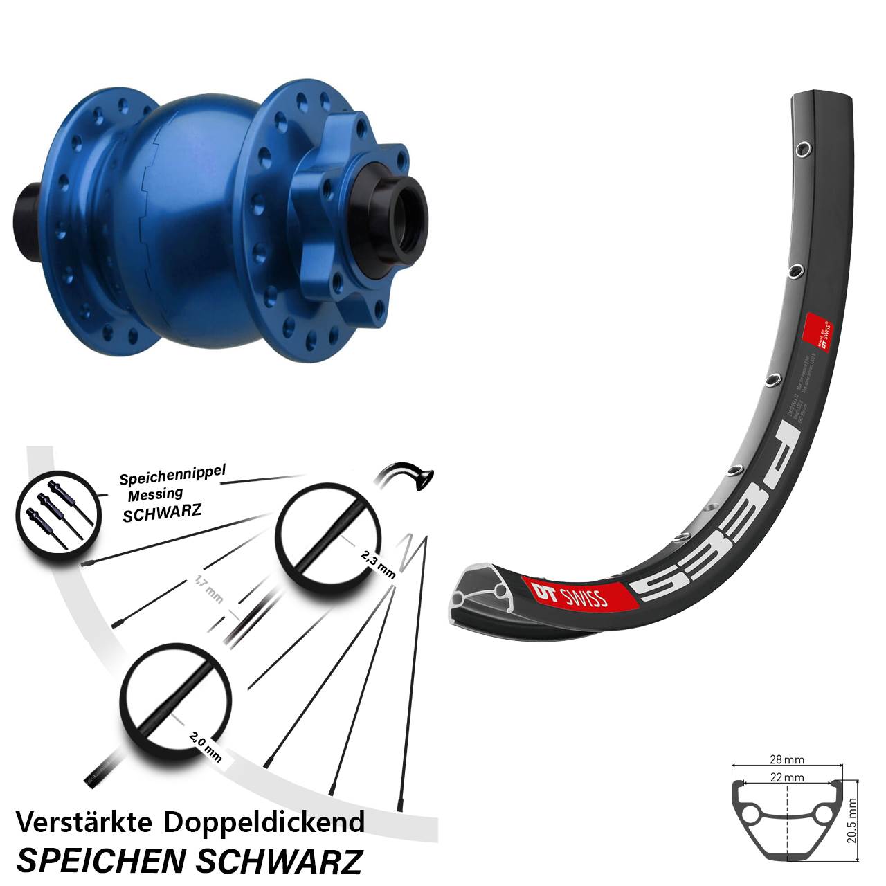 Disc Vorderrad mit Nabendynamo 26 Zoll DT Swiss 533d SON 28 blau 15x110 Boost
