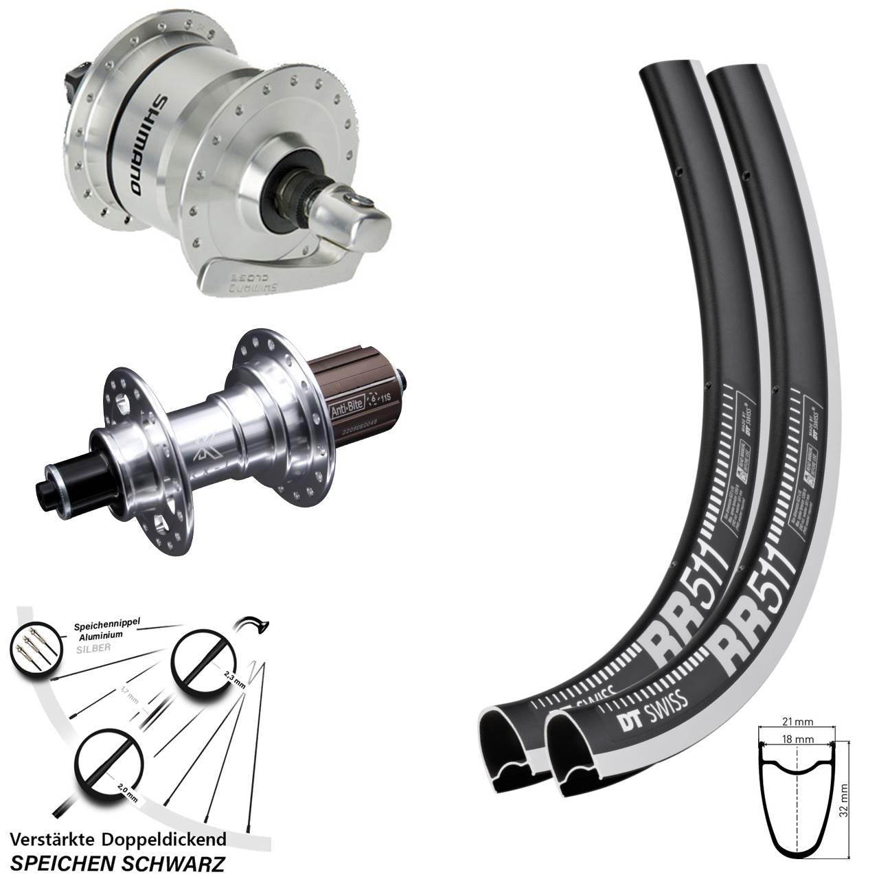 Laufradsatz 28 Zoll DT Swiss RR511 KX-T Shimano DH-3N72 8-12 fach HG QR