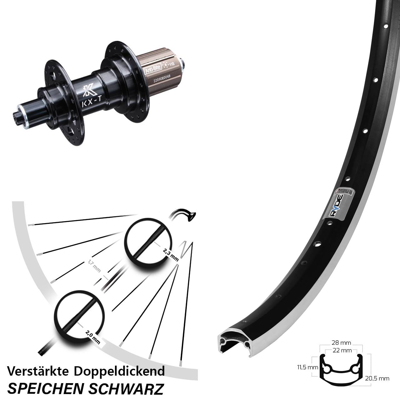 27,5 Zoll Ryde Andra 35 KX-T Hinterrad für Schnellspanner 8-11 fach