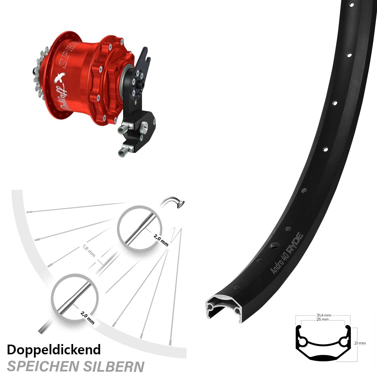 Hinterrad 20 Zoll Rohloff Speedhub 500/14 OEM2 rot Andra 40