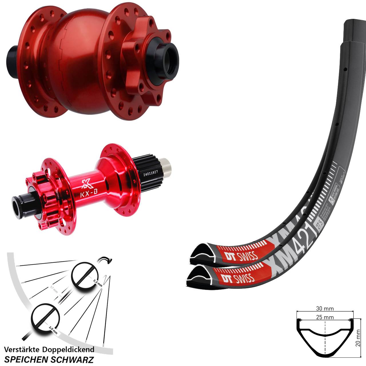 Disc Laufradsatz 29 Zoll DT Swiss XM421 KX-B rot SON 28 Micro Spline 15x110 12x148