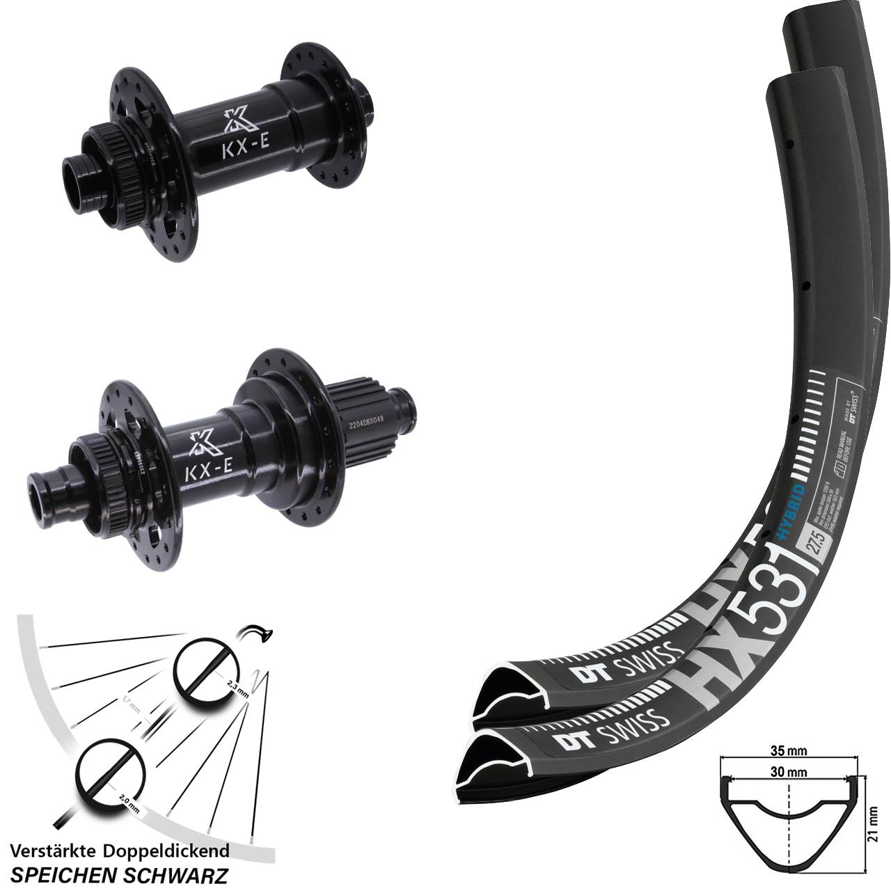 27,5 Zoll DT Swiss HX531 KX-E Heavy Duty Laufradsatz 15x110 12x148 Shimano Micro Spline