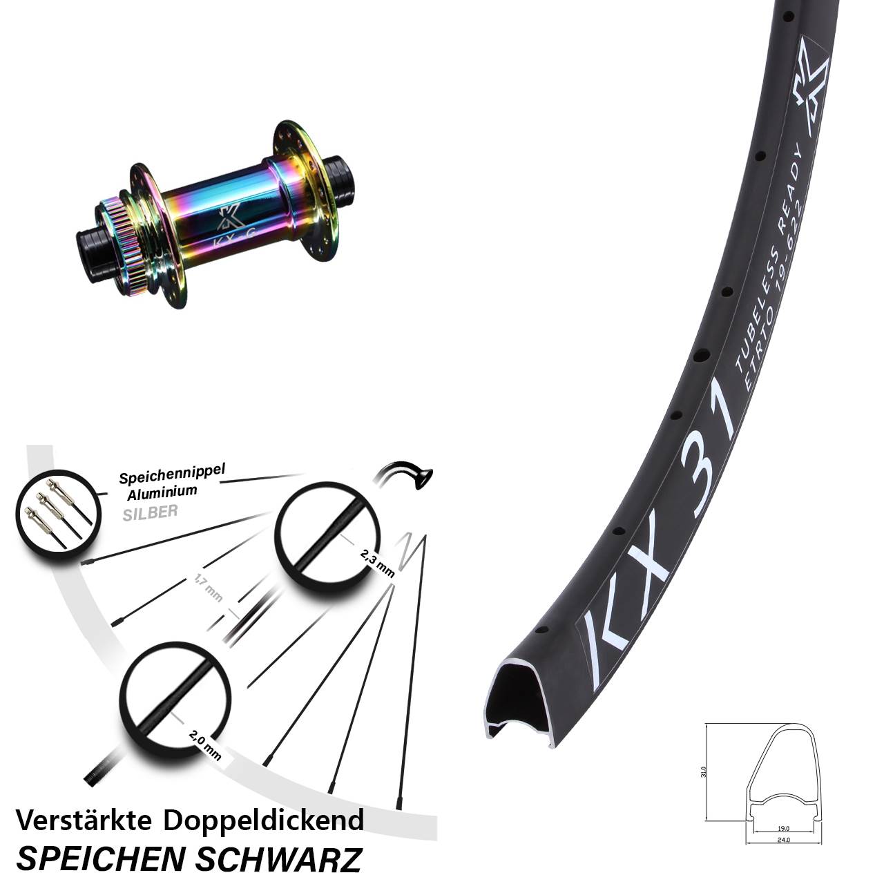 Centerlock Vorderrad 28 Zoll KX-G 31 Offset Oilslick 12x100