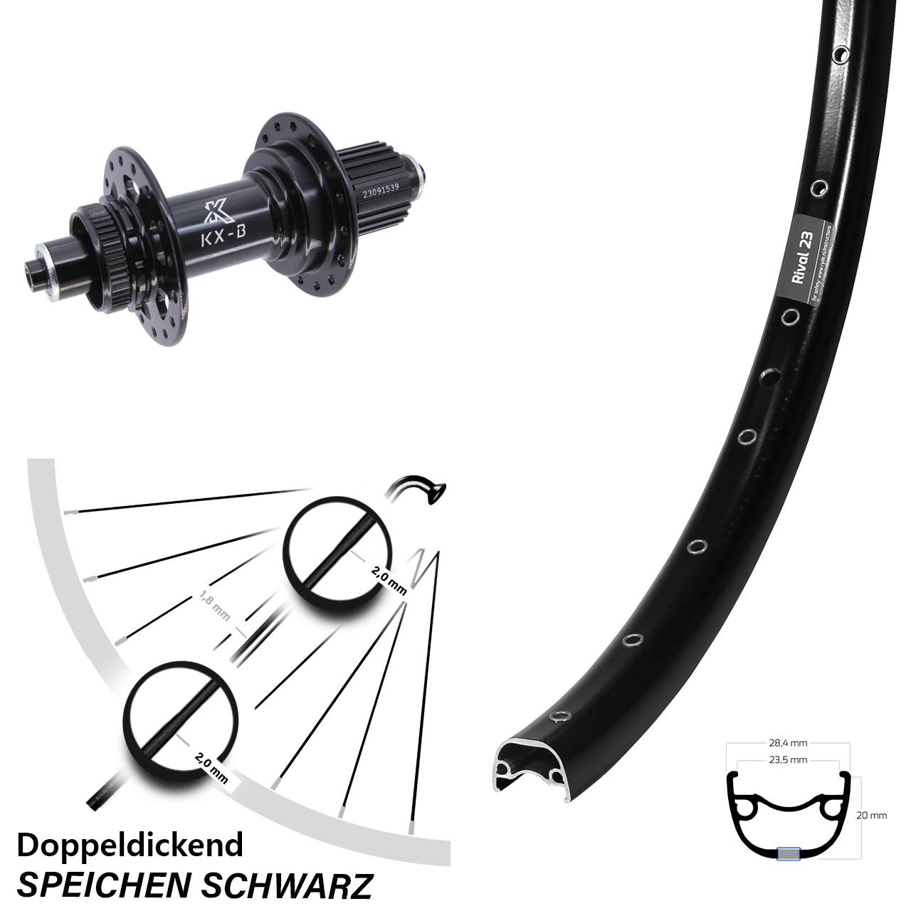 Laufrad 27,5 Zoll Ryde Rival 23 Disc schwarz KX-B Centerlock 5/141 Boost Micro Spline