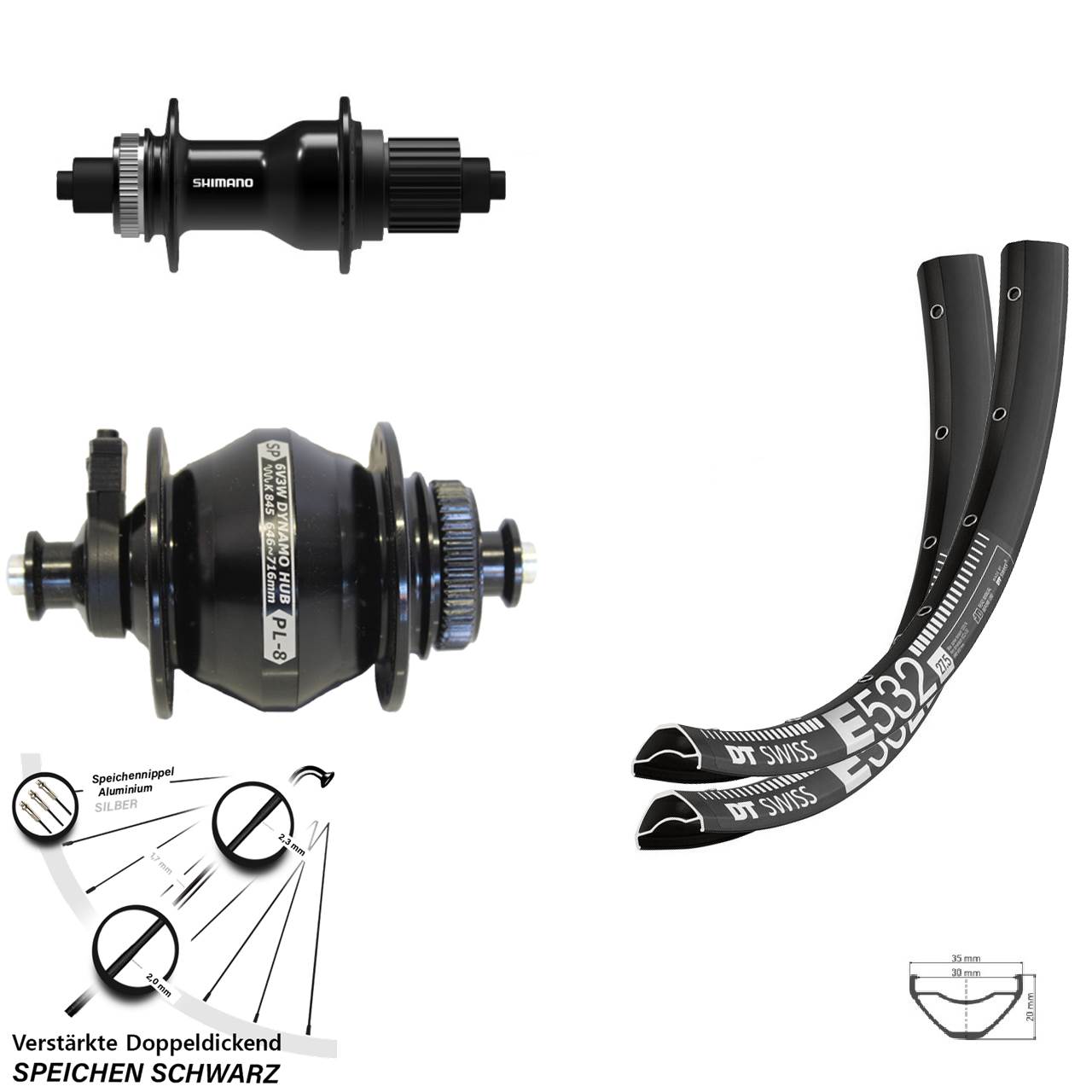 DT Swiss E 532 Shimano FH-QC500 Micro Spline Shutter PL-8 27,5 Zoll Disc Laufrad-Satz QR