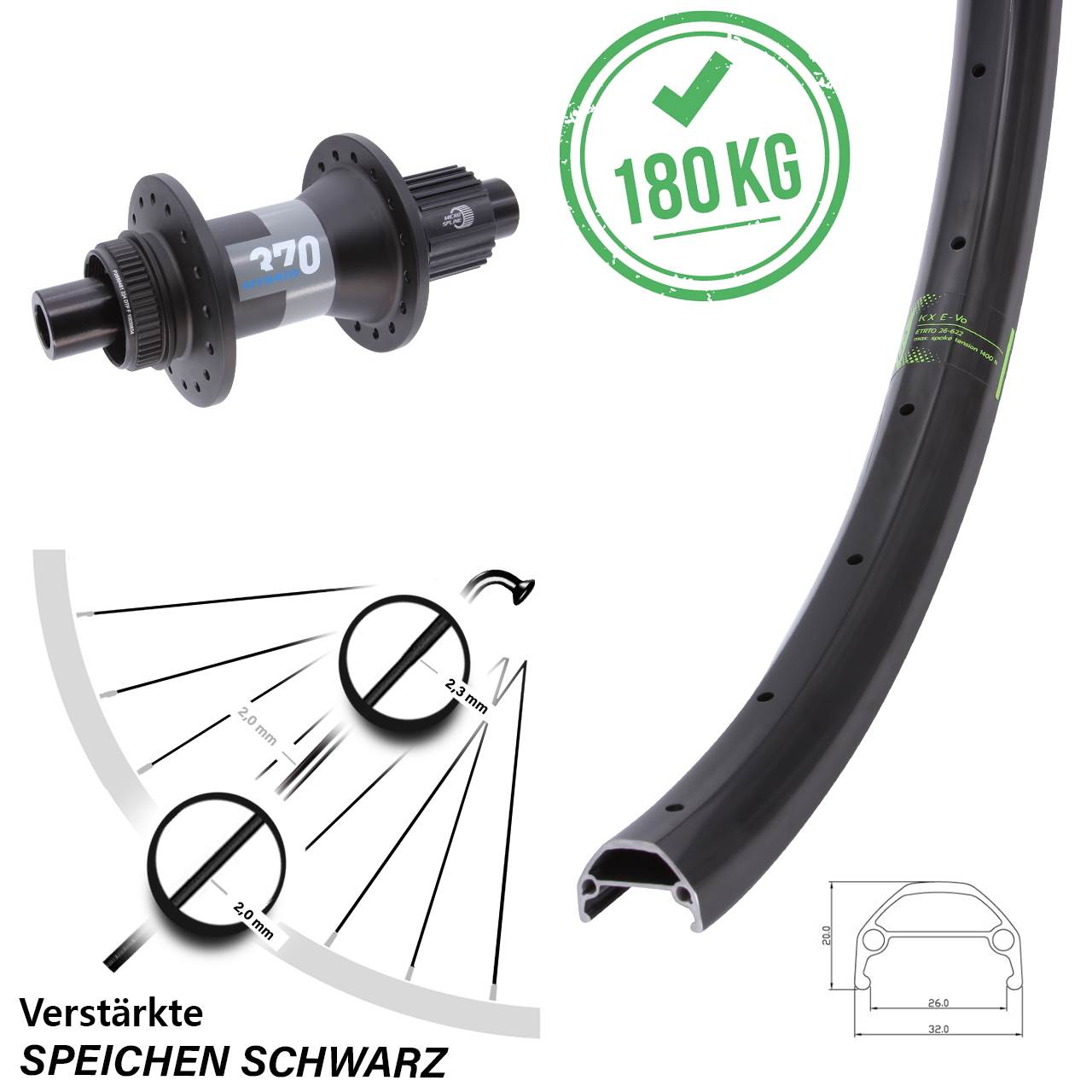 KX Evo DT Swiss 370 Hybrid 26 Zoll Disc Hinterrad 12x148 Boost Shimano Micro Spline