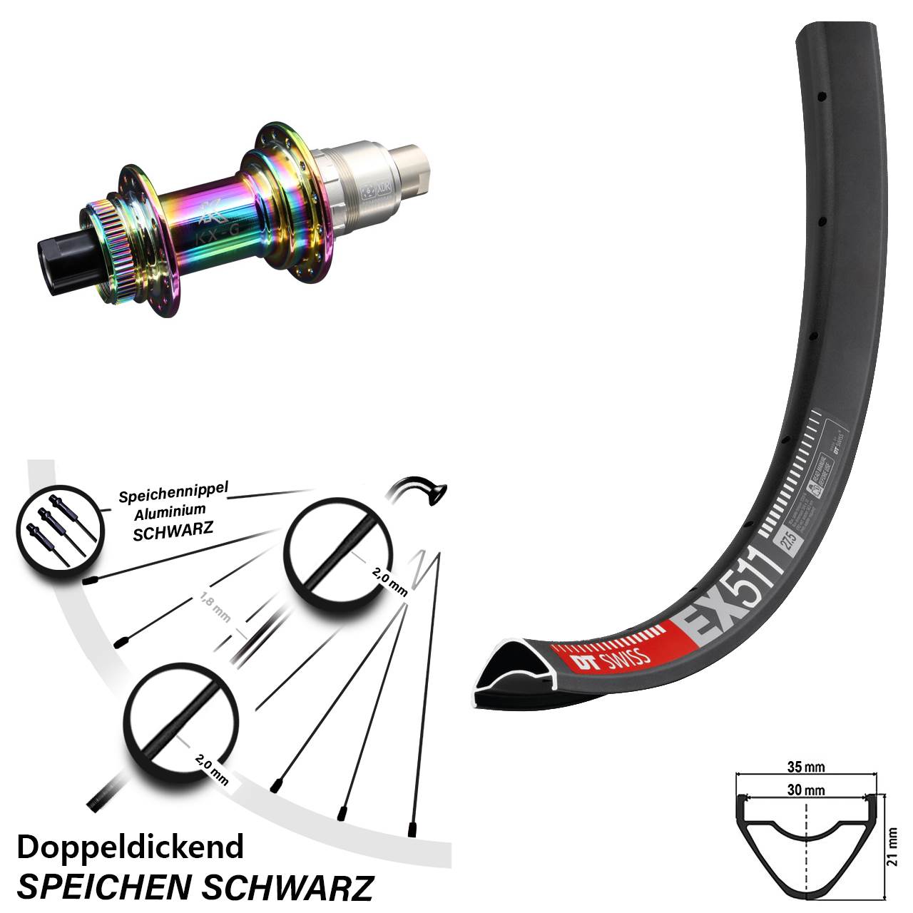 Hinterrad Centerlock 27,5 Zoll DT Swiss EX511 KX-G Oilslick 12x142