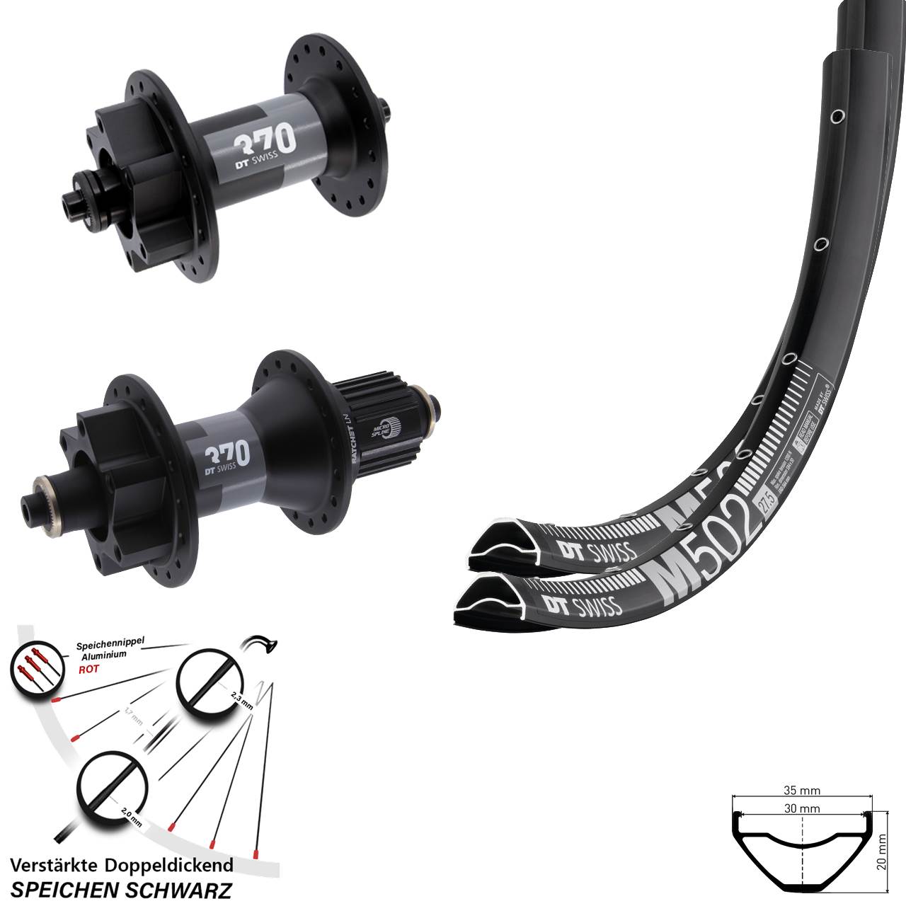 27,5 Zoll DT Swiss M502-370 Hybrid Laufradsatz 6-Loch QR Shimano Micro Spline