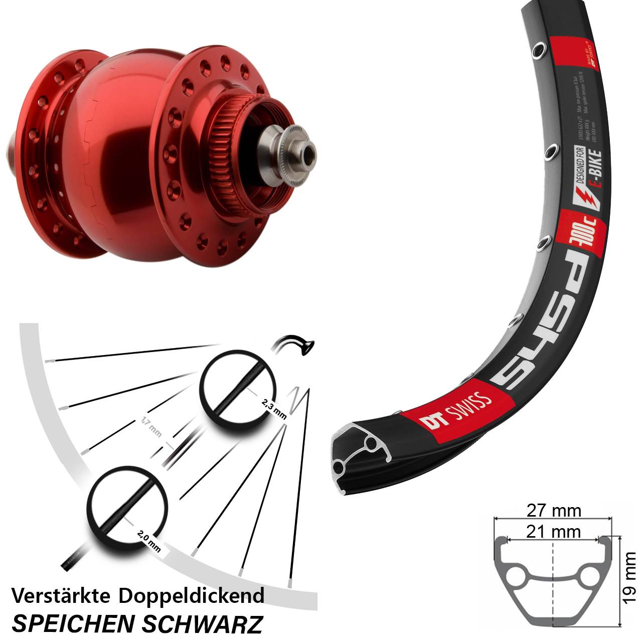 26 Zoll Vorderes Rad DT Swiss 545 SON 28 Centerlock Nabendynamo rot