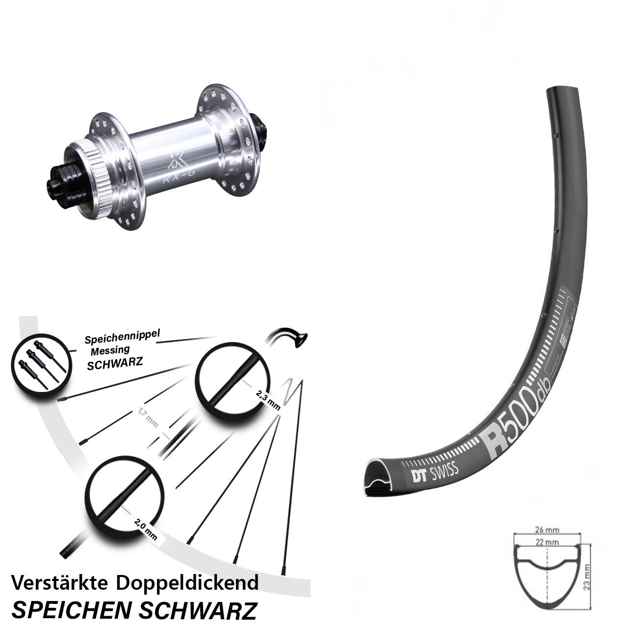 Road Disc DT Swiss R 500 Vorderrad 28 Zoll verstärkt mit KX-G silbern Centerlock