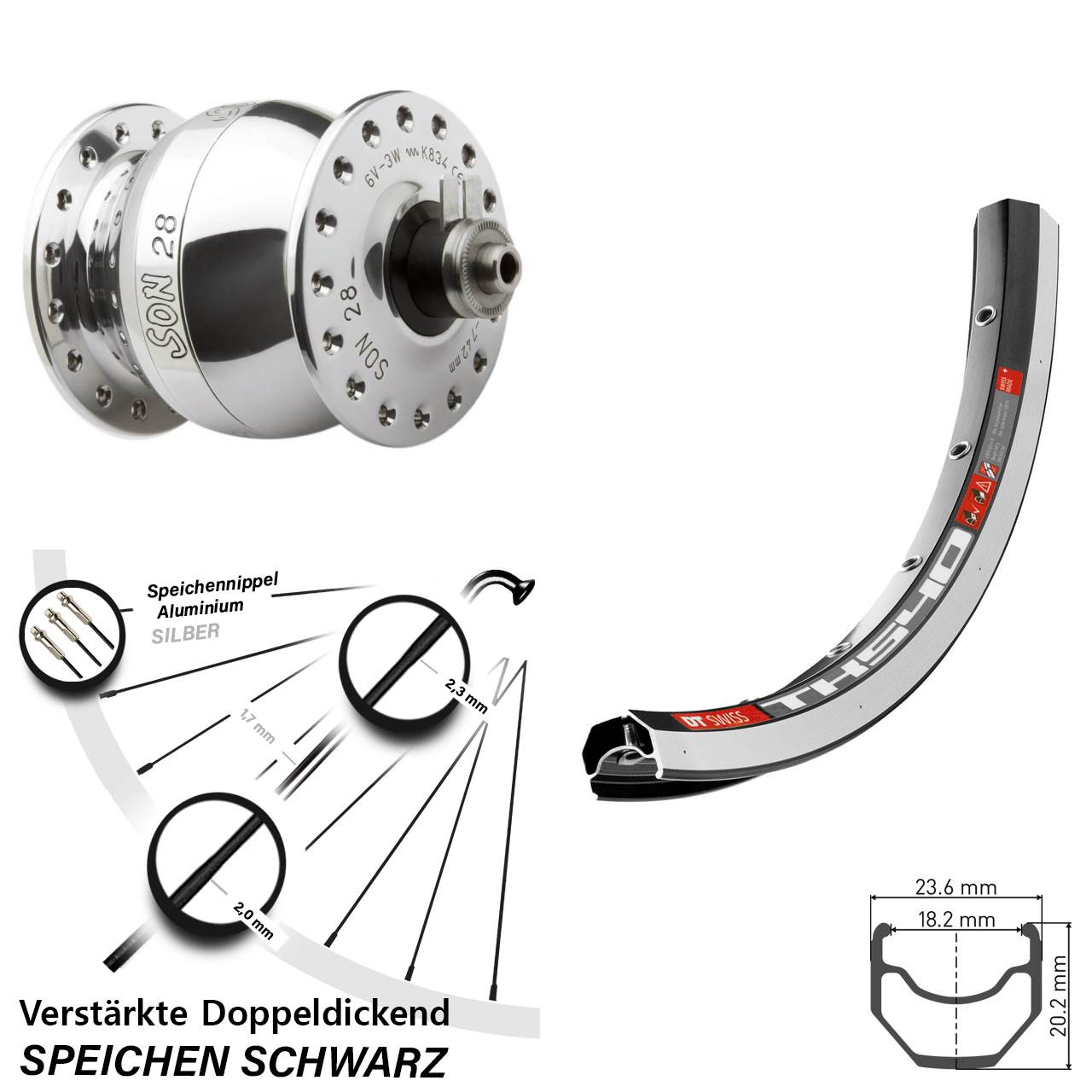 SON 28 Zoll DT Swiss TK 540 Nabendynamovorderrad für Schnellspanner