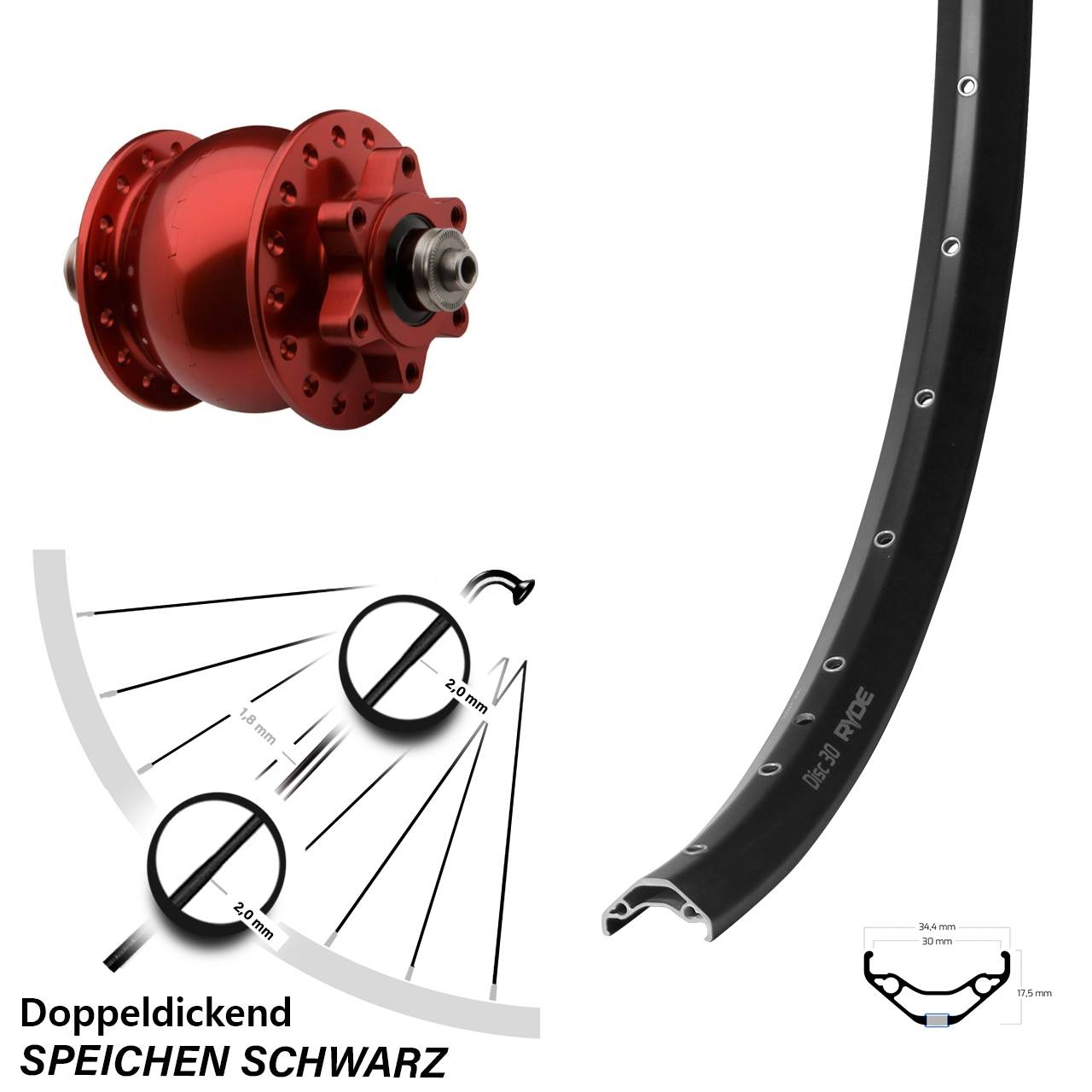 Disc Dynamo-Vorderrad QR 29 Zoll Ryde Disc 30 SON 28 rot