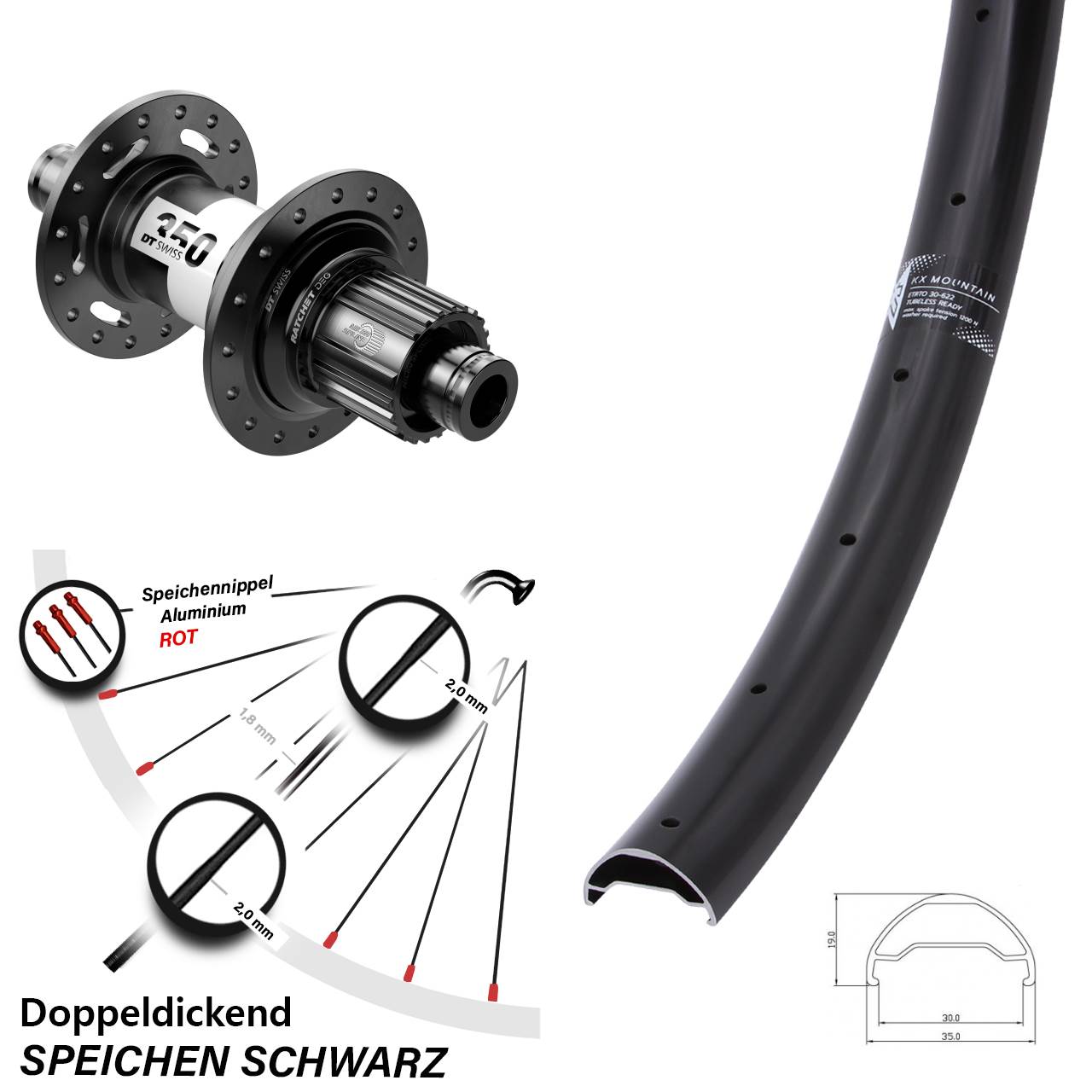 29 Zoll KX Mountain TR DT Swiss 350 DEG 72 Disc Laufrad 12x148 Micro Spline