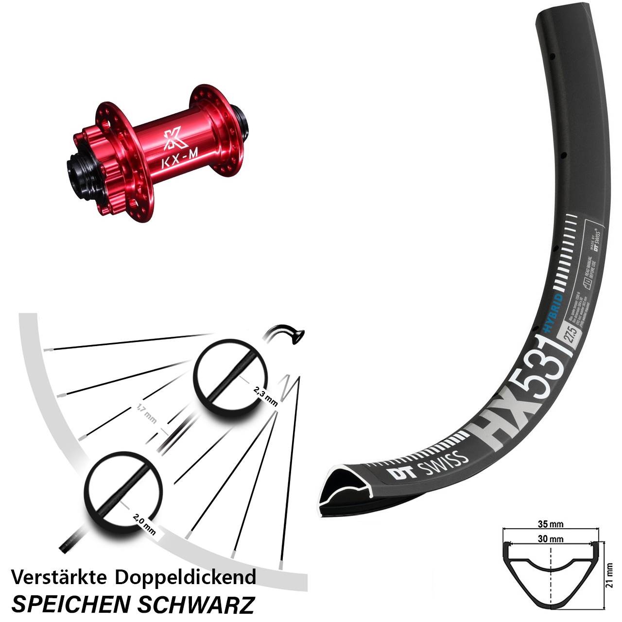 Disc Laufrad 29 Zoll DT Swiss HX531 KX-M rot 12x100
