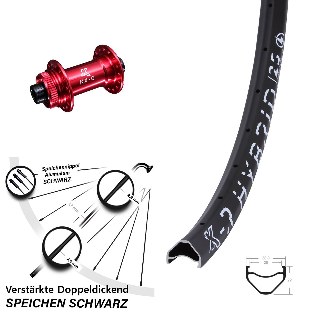 Vorderrad Centerlock 15x100 26 Zoll KX-GR Hybrid 25 rot