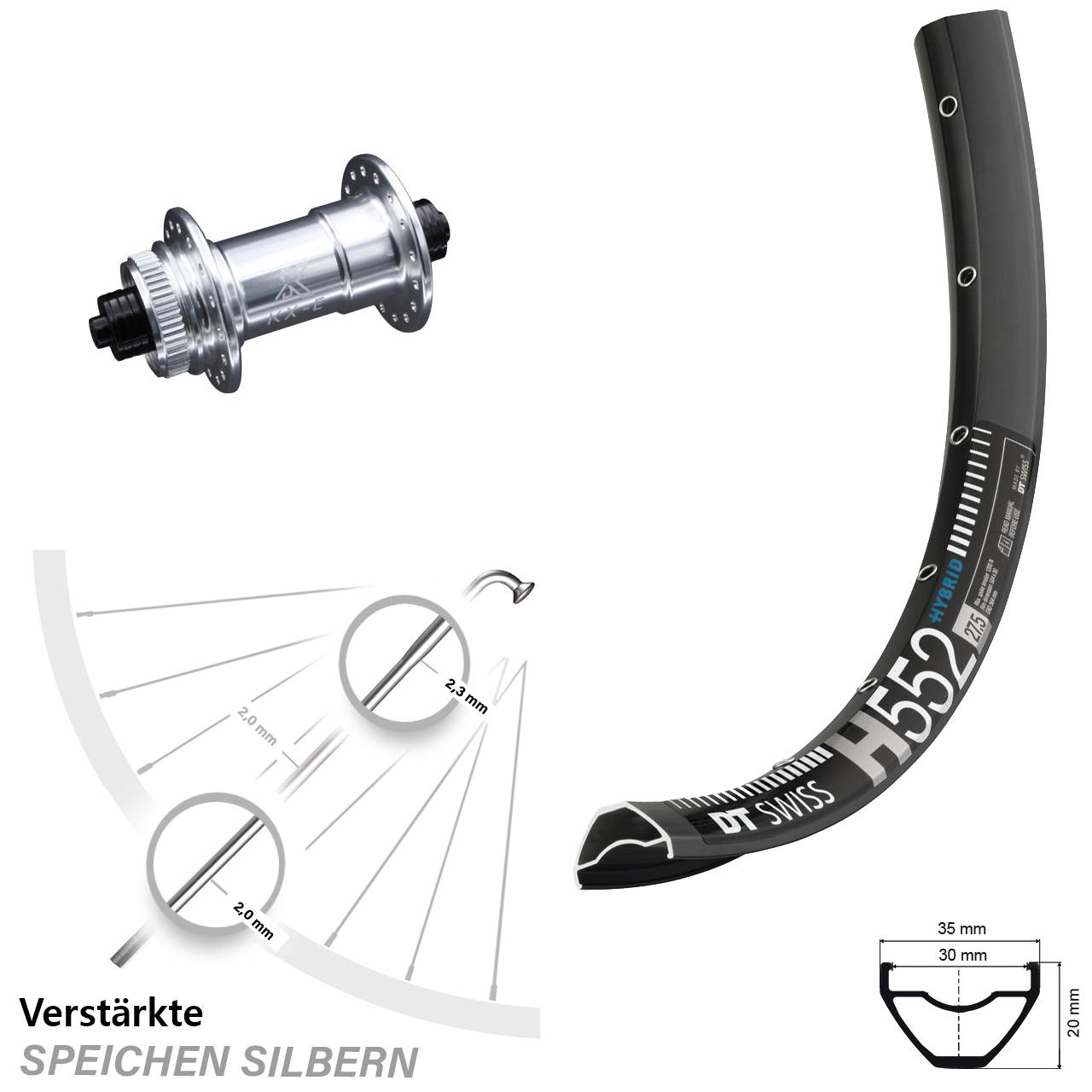 DT Swiss H 552 Disc-Vorderrad 27,5 Zoll KX-E Nabe Centerlock 5x100 mm silbern E-Bike