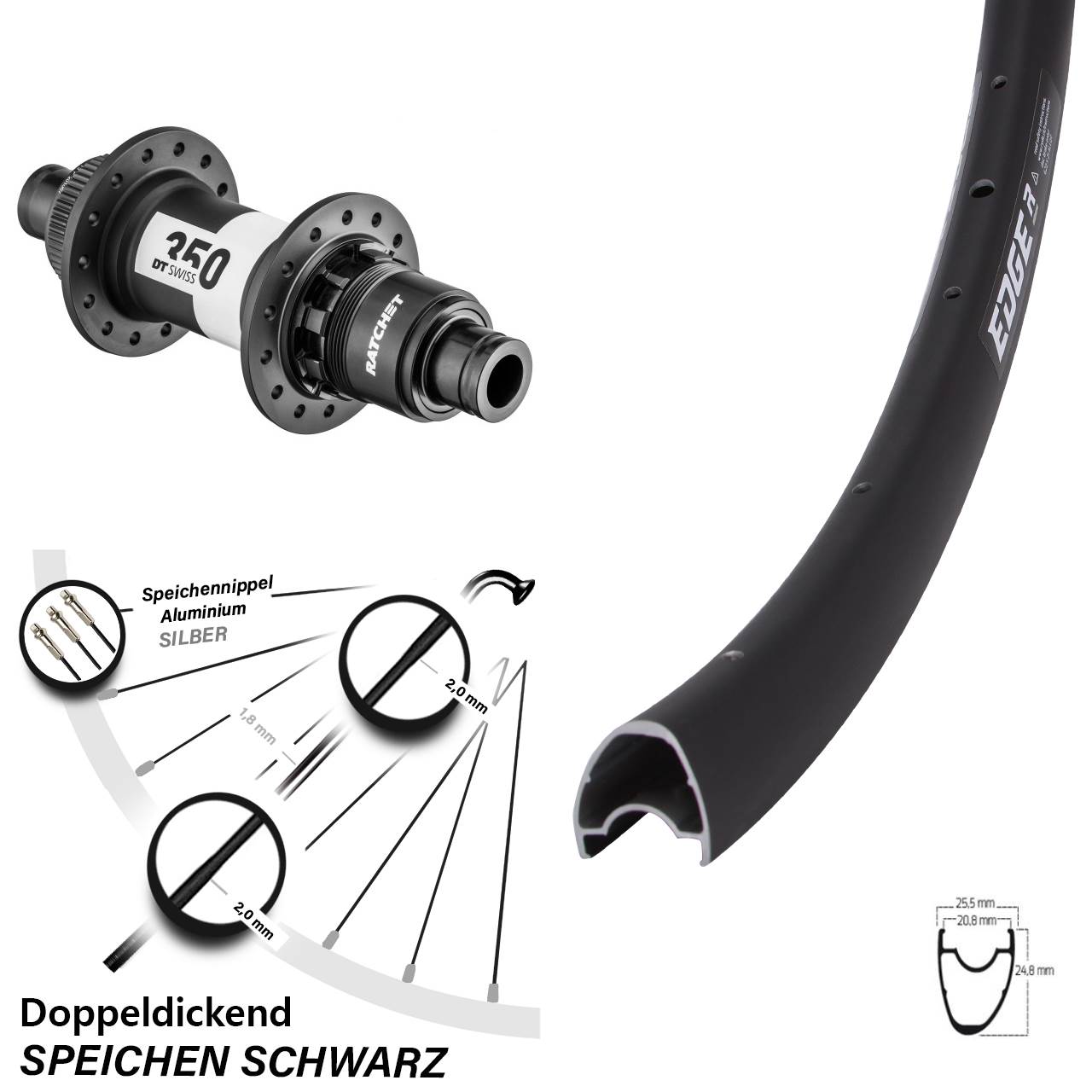 28 Zoll Hinterrad Ryde Edge R25 OS Centerlock DT Swiss 350 12x142 mm Sram XD-R