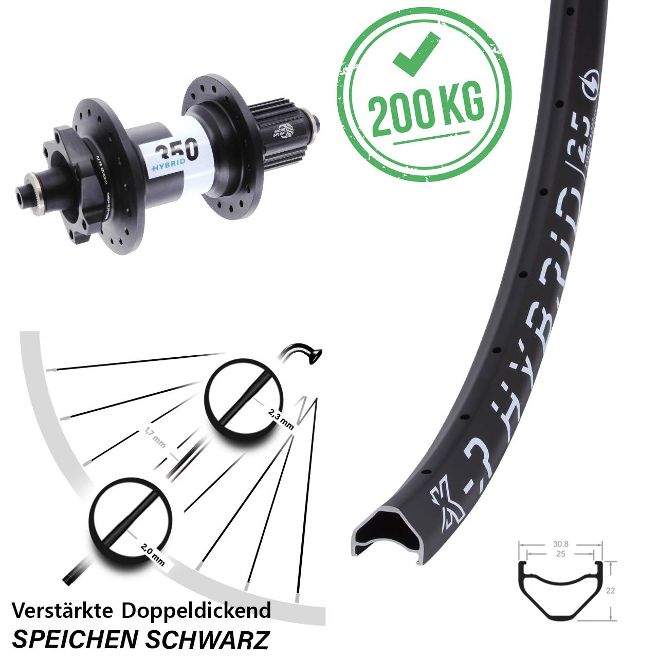 6-Loch Hinterrad QR 26 Zoll KX-R Hybrid 25 DT Swiss 350 Shimano Micro Spline