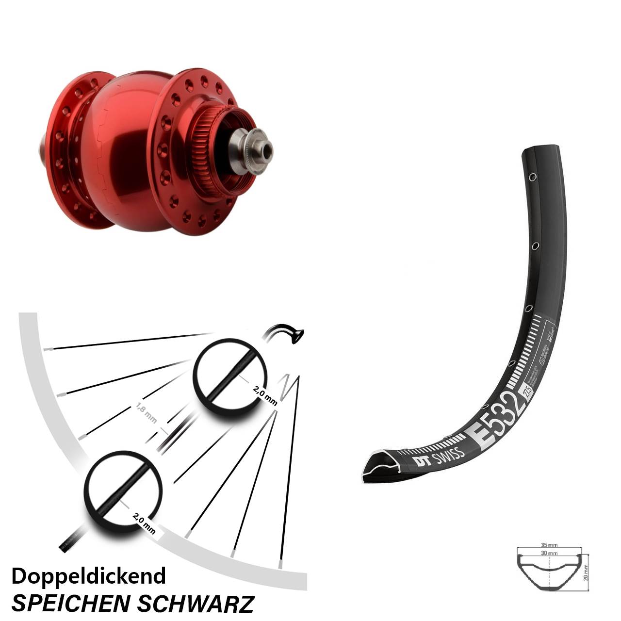 29 Zoll DT Swiss E532 SON 28 rot Dynamo-Vorderrad Centerlock QR