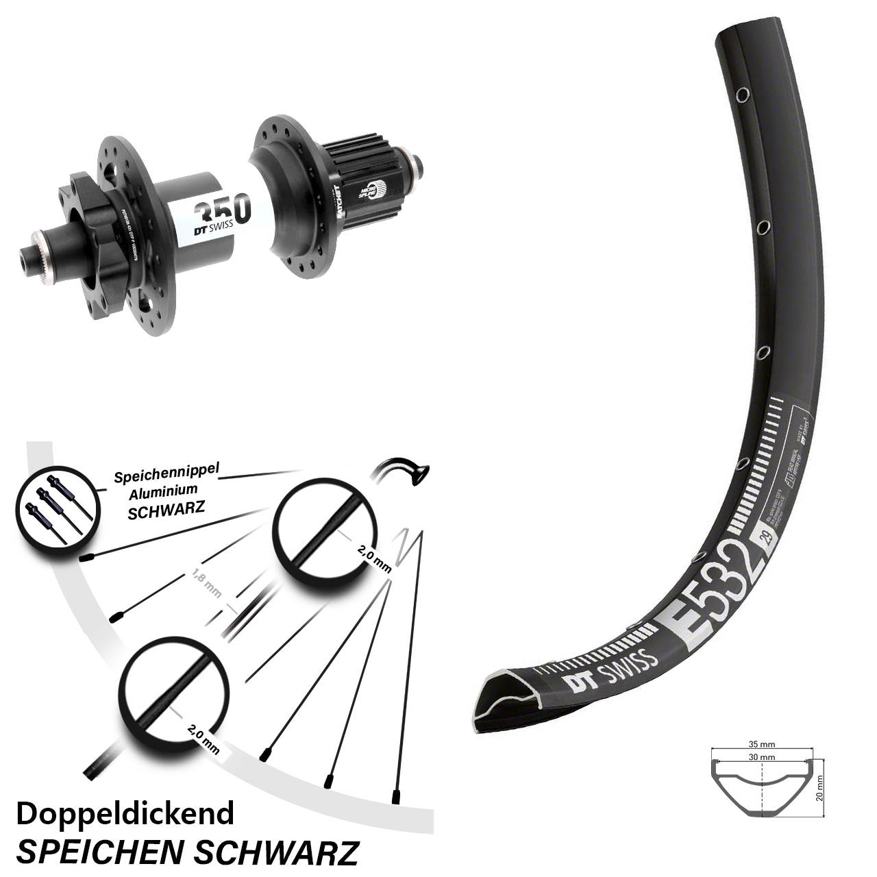 DT Swiss E 532 350 27,5 Zoll Disc Hinterrad für Schnellspanner Boost Shimano Micro Spline
