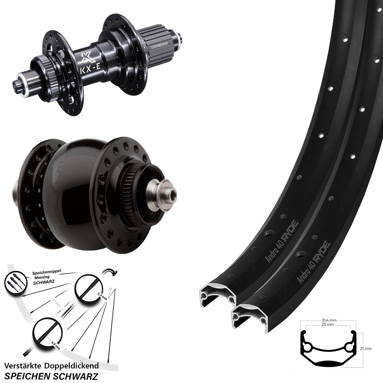 SON 28 Zoll Ryde Andra 40 KX-E Laufradsatz Centerl. für Schnellspanner Micro Spline