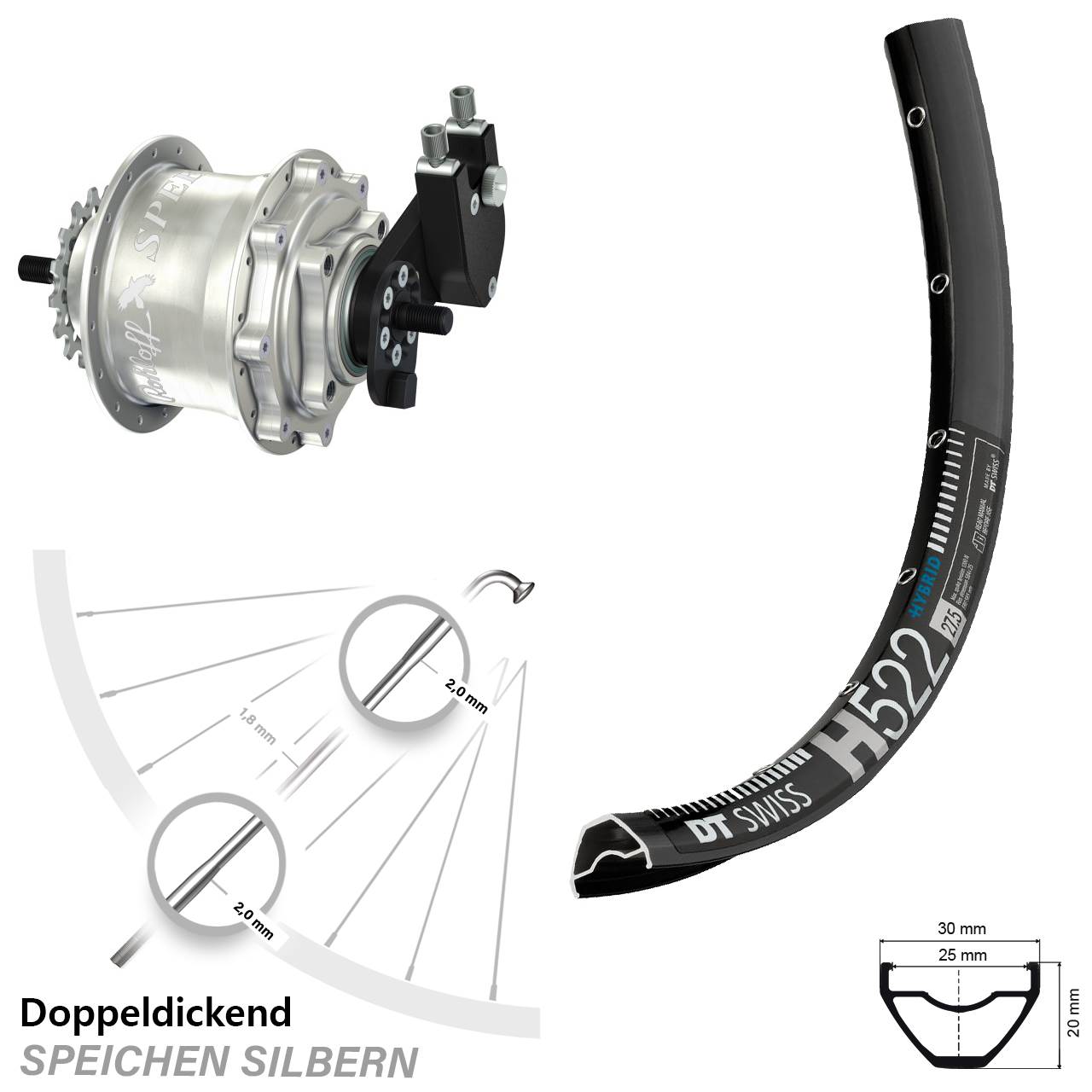 Disc Hinterrrad 28-29 Zoll DT Swiss H522 Rohloff Speedhub TS DB OEM Tandem silbern