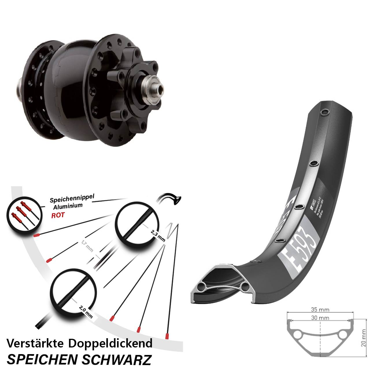 Nabendynamovorderrad 6-Loch 29 Zoll DT Swiss E593 SON 28 für Schnellspanner