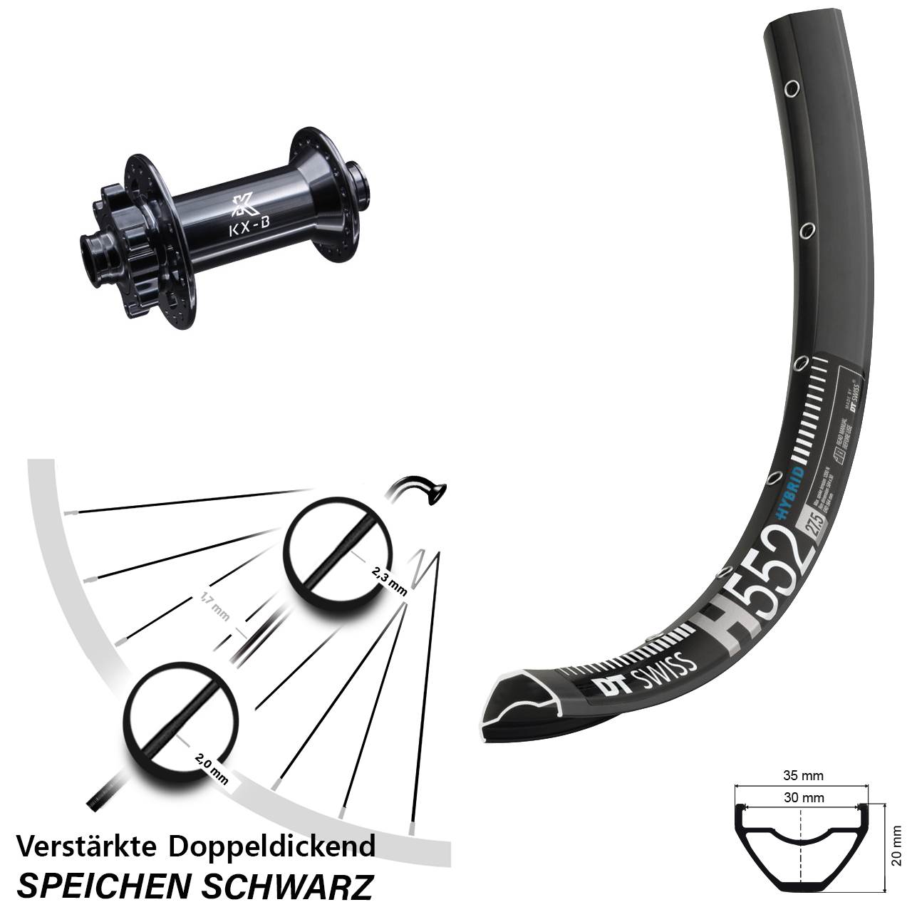DT Swiss H 552 Vorderrad 29 Zoll Nabe Boost 6-Loch KX-B 15x110 mm