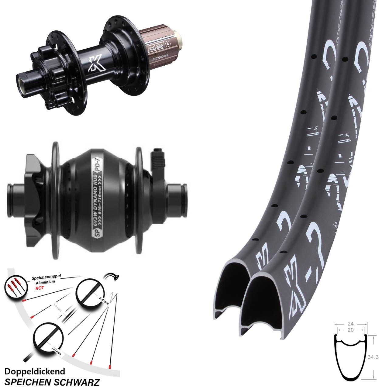 Gravel Laufradsatz KX-R Road Steckachse Dynamo 6-loch Shutter Precision PD-7