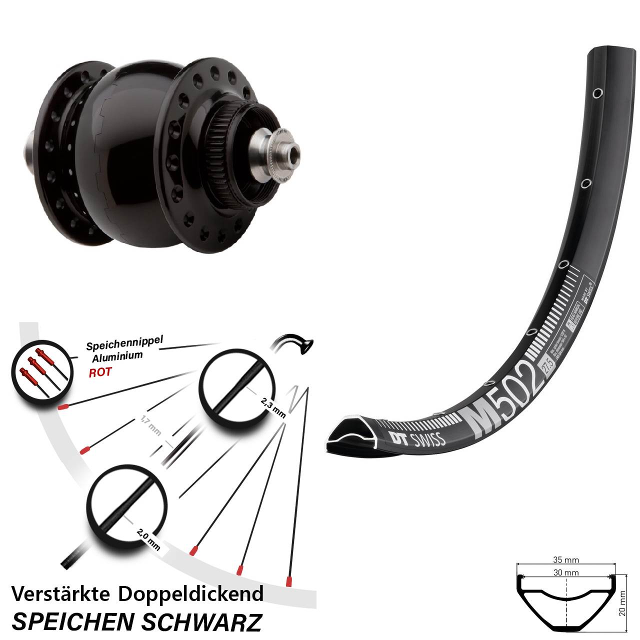 SON delux DT Swiss M 502 27,5 Zoll Disc Laufrad mit Nabendynamo QR