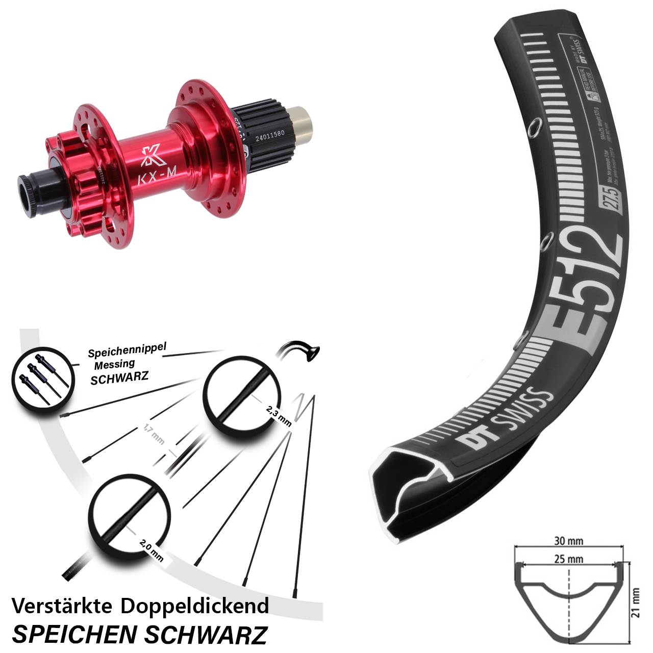 6-Loch 650B Hinterrad DT Swiss E512 KX-M rot Shimano Micro Spline 12x142