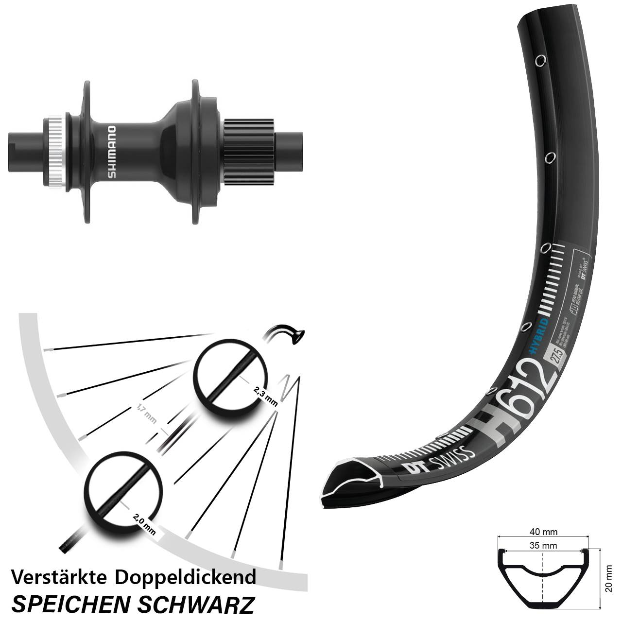 Disc Hinterrad 12x142 27,5 Zoll DT Swiss H612 Shimano FH-MT410 Micro Spline