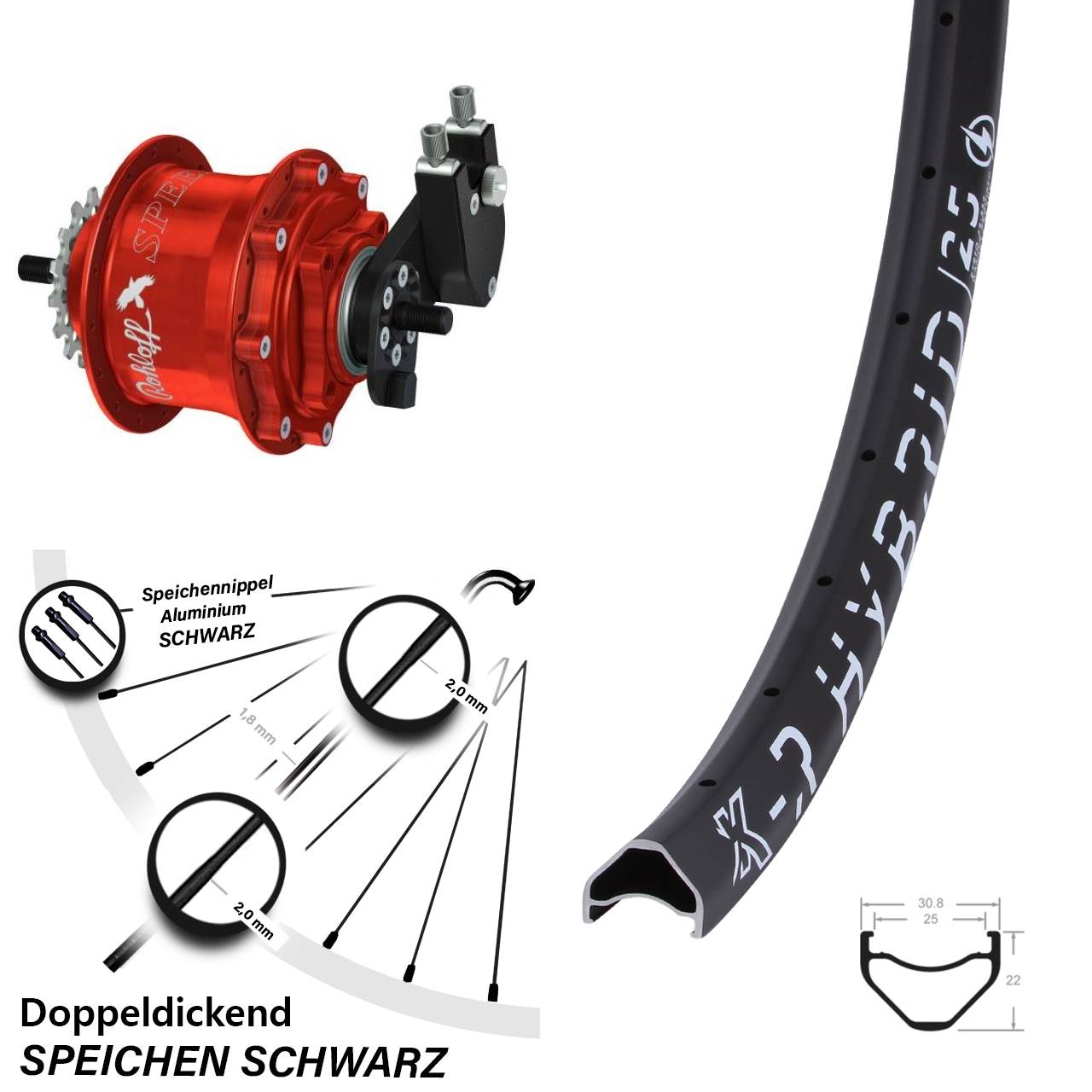 Disc Laufrad 26 Zoll KX-R Hybrid 25 Rohloff Speedhub 500/14 TS DB OEM rot