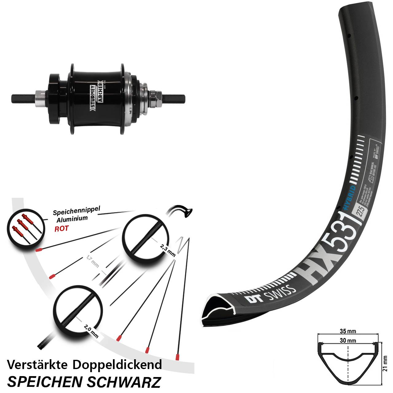 Sturmey Archer Automatic 2 Gang Hinterrad DT Swiss HX 531 Disc schwarz