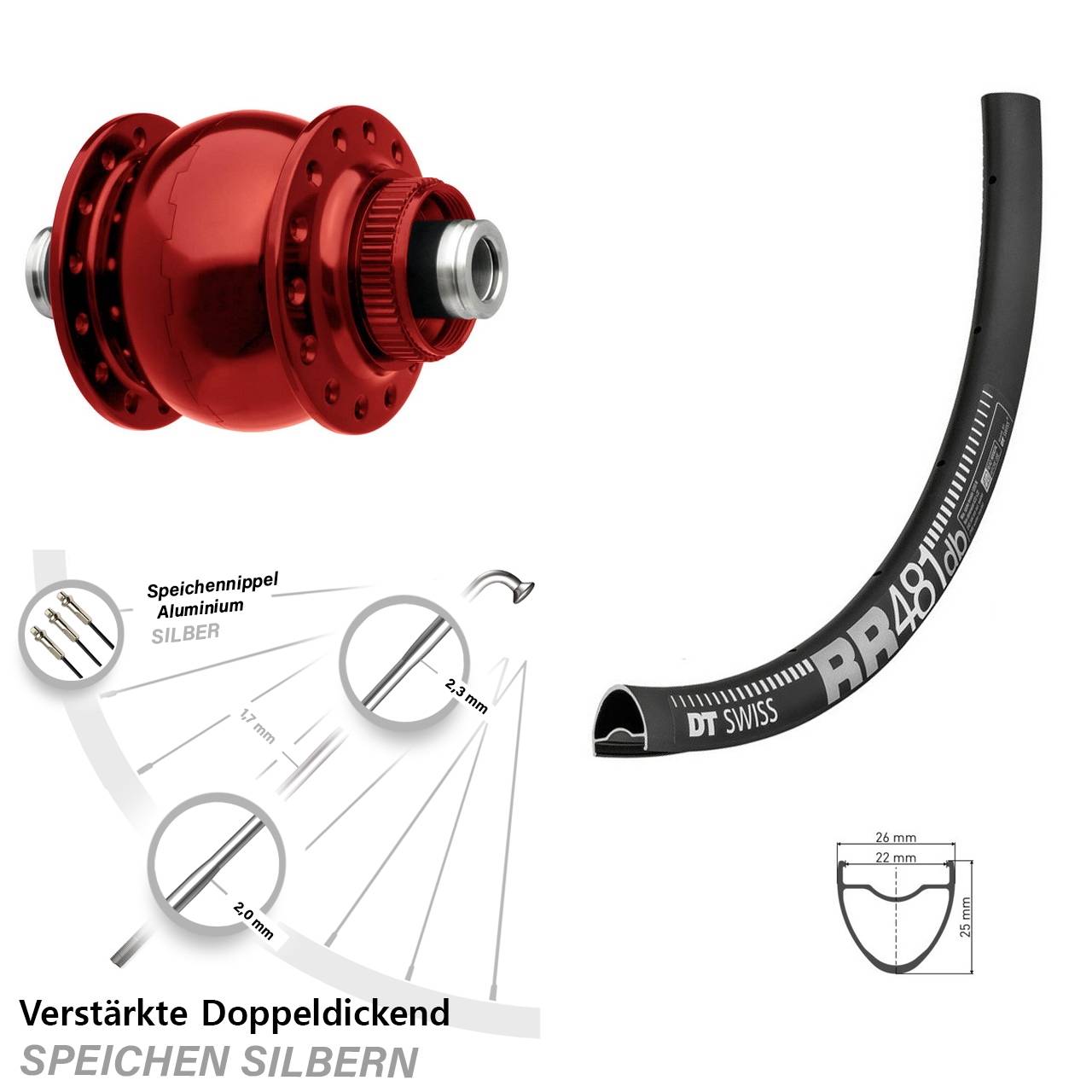 DT Swiss RR481 roter SON 28 Zoll Disc Laufrad mit Nabendynamo 12x100
