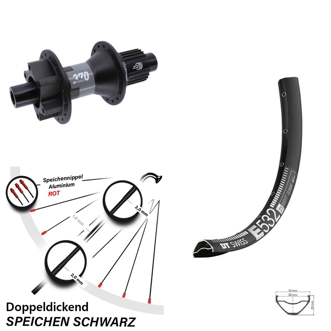 DT Swiss E 532-370 29 Zoll Disc Laufrad 12x142 Micro Spline