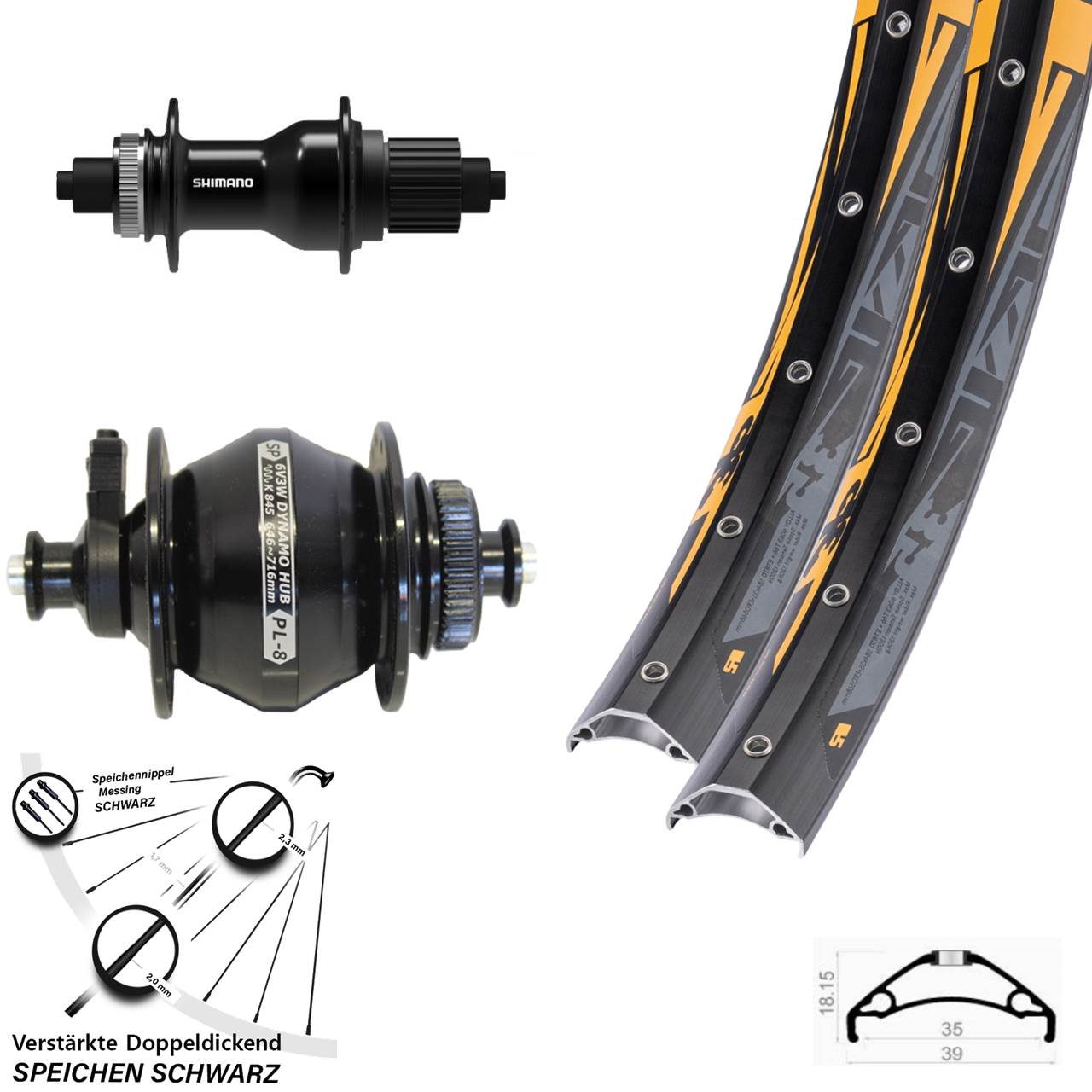 Disc Laufradsatz 27,5 Zoll Rodi TRYP 35 Shimano FH-QC500 Shutter PL-8 Micro Spline QR