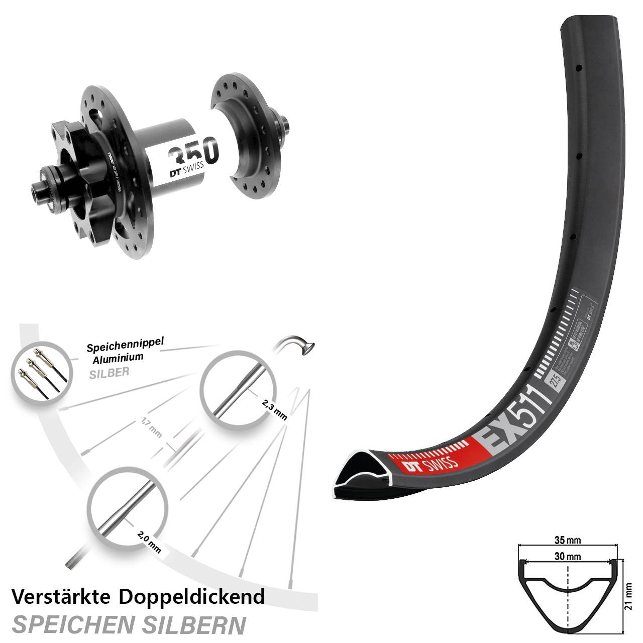 Vorderrad 6-Loch 29 Zoll DT Swiss EX511-350 für Schnellspanner