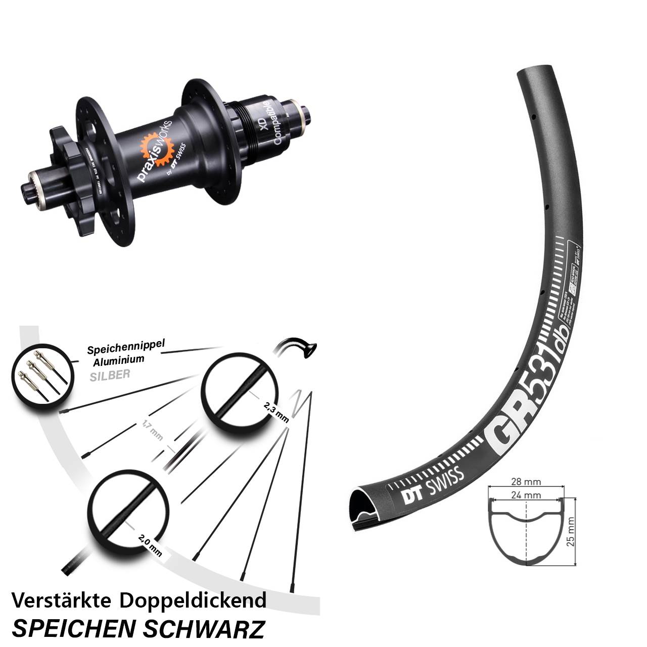6-Loch Hinterrad für Schnellspanner 650B DT Swiss GR 531 DT Swiss 350 XD 11-12 fach