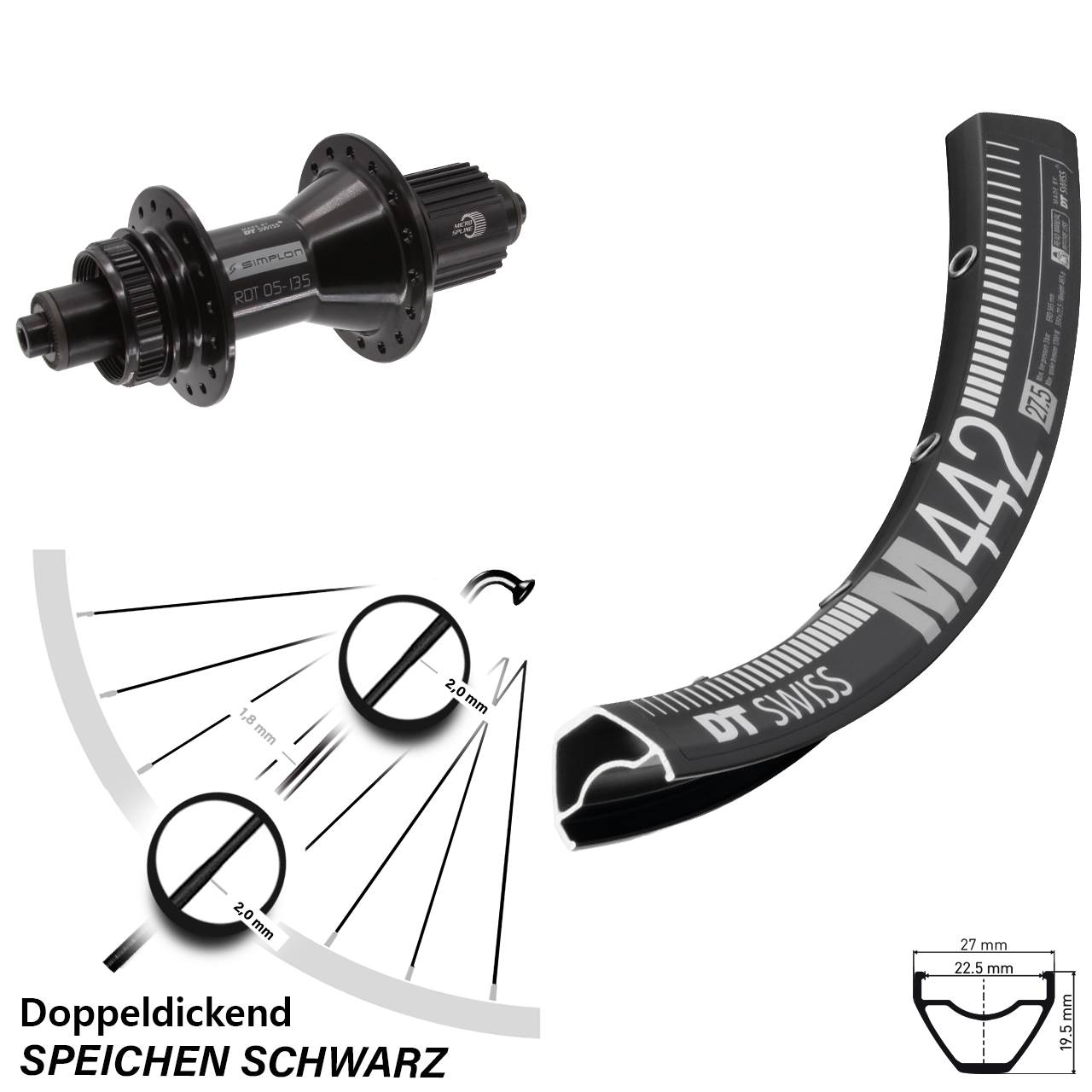 28-29 Zoll DT Swiss M442-370 Hybrid Centerlock Hinterrad QR Micro Spline