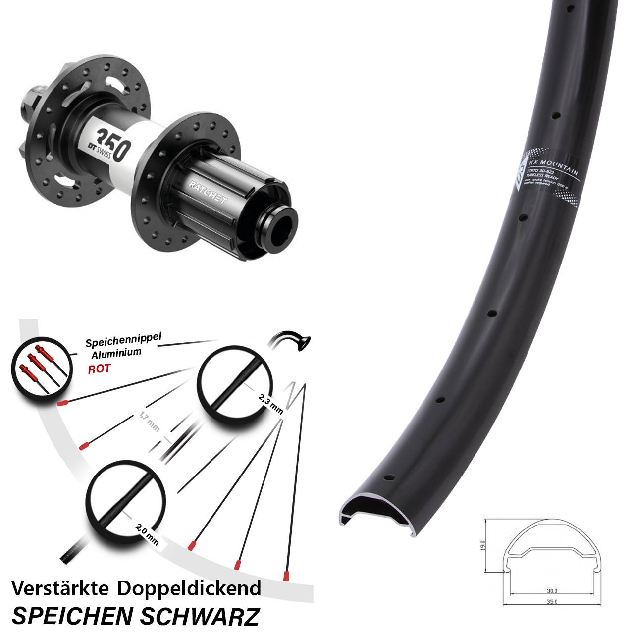 29 Zoll KX Mountain TR DT Swiss 350 Ratchet 36 Hinterrad 6-Loch 12x148 8-11 fach