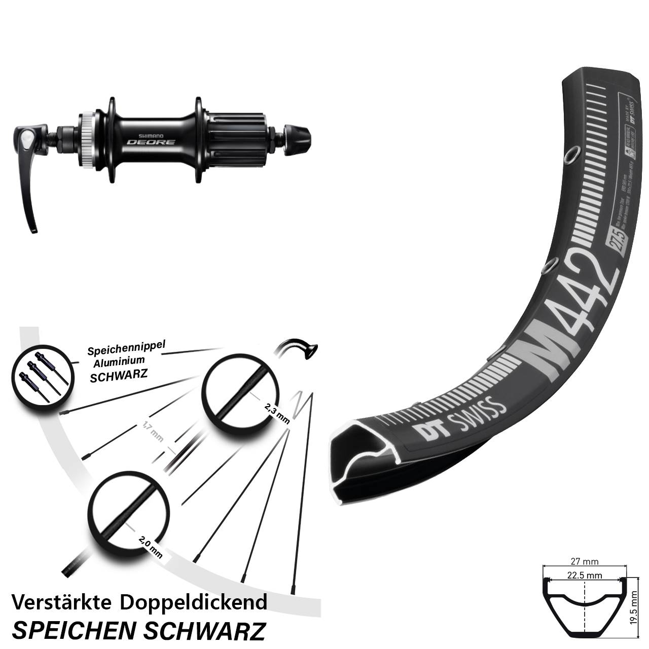 28-29 Zoll DT Swiss M442 Shimano Deore Disc Hinterrad für Schnellspanner 8-11 fach