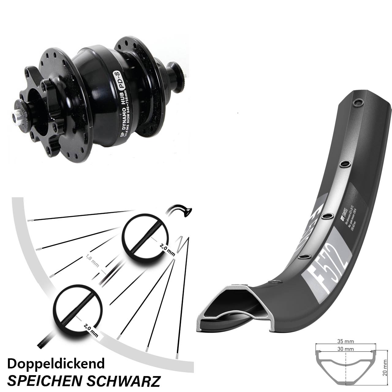 Disc Vorderrad mit Nabendynamo 27,5 Zoll DT Swiss F572 Shutter Precision PD-8 QR